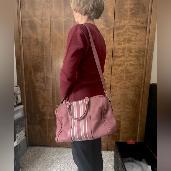 Auth Gucci Rose Pink Leather Web Line Boston Speedy 2way Tote Bag Preloved - Picture 15 of 16